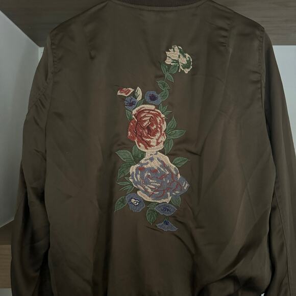 Olivaceous Embroidered, Satin Floral Bomber Jacket in Brown - Picture 5 of 6